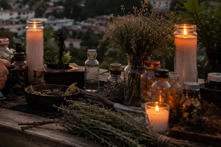 Detalle del altar: veladoras, frascos de vidrio y manojos de hierbas