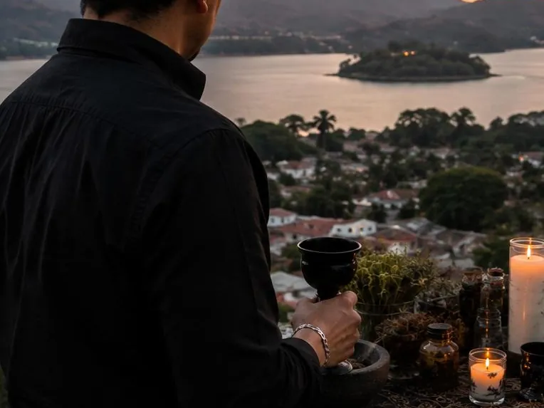 Cáliz de barro sostenido frente a la laguna de Catemaco al anochecer