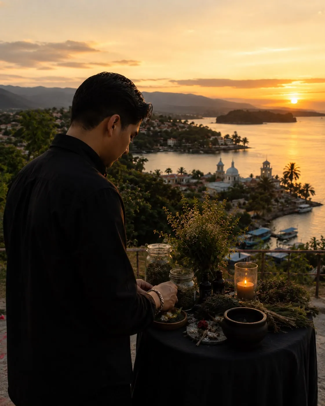 Altar de trabajo con velas y hierbas en un mirador sobre la laguna de Catemaco, al atardecer